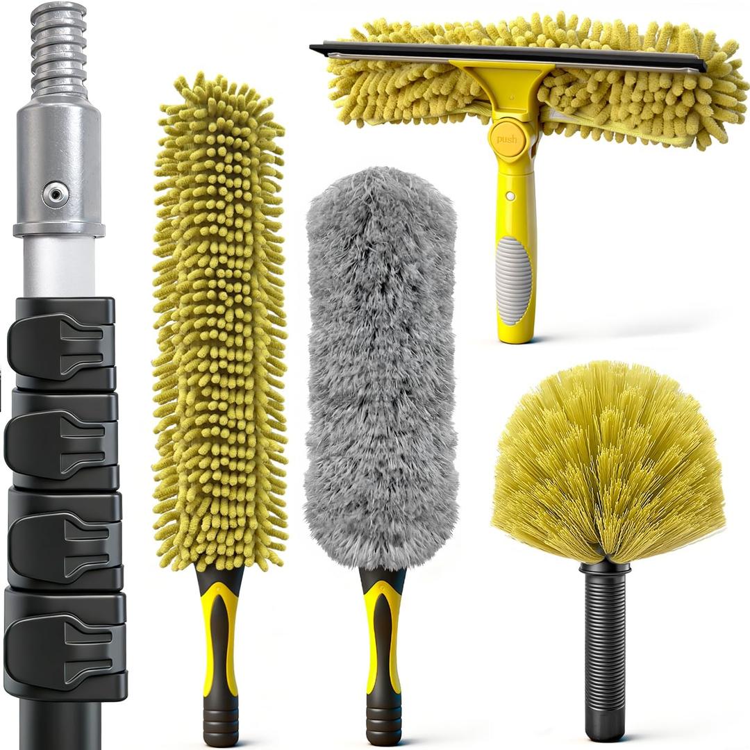 5-in-1 20Ft 4-Stage Telescoping Extension Pole Kit for Cleaning | High Reach Duster, Chenille Window Squeegee, Microfiber Feather, Cobweb Duster for Ceiling Wall Hard-to-Reach