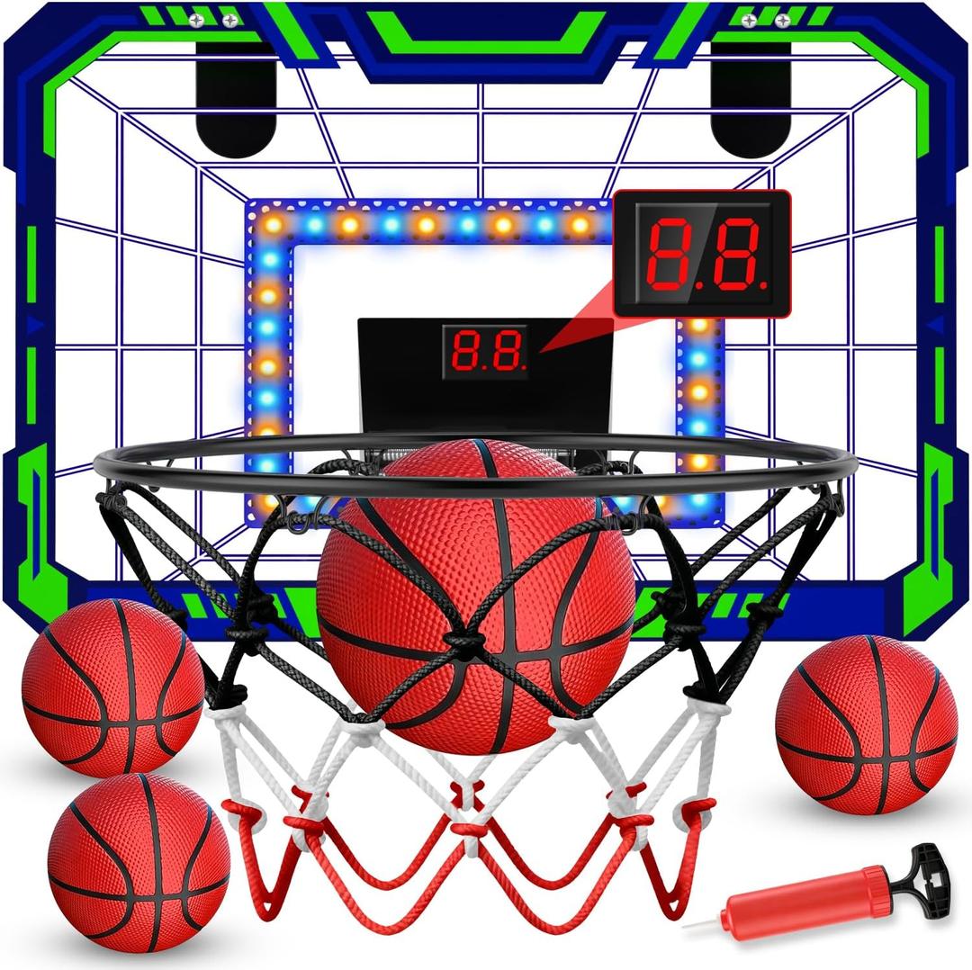 Kids Indoor Basketball Hoop - Over The Door Mini Basketball Hoop with LED Scoreboard, Lights & Sound, Includes 4 Balls - Fun Birthday for Boys & Girls Ages 3-12 to Play Anywhere