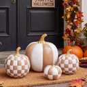 Lineshading 4 Pcs Large Fall Pumpkin Decor, Mocha and White Checkered Decor