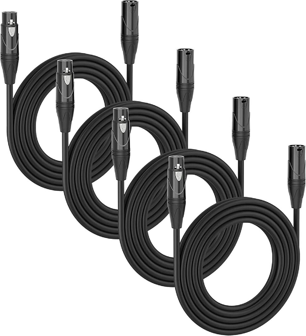 MFL. 15 ft DMX Cable 3 Pin XLR Male to Female Connector Wires for Stage Lighting DJ Lights 22 AWG 110 Ohms, Black Connector, Pack of 4