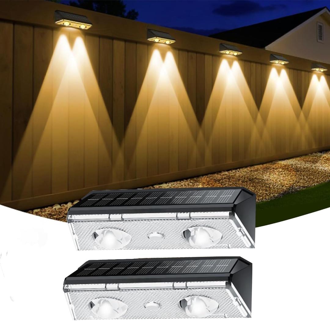 KEILAIMO Solar Fence Lights Outdoor, 2 Pack IP65 Waterproof Fence Lights Solar Powered with Ultra-Bright LED Lens, 9 Color Modes, 12+ Hours Steady Glow for Deck/Backyard/Patio/Pool/Wall - Black