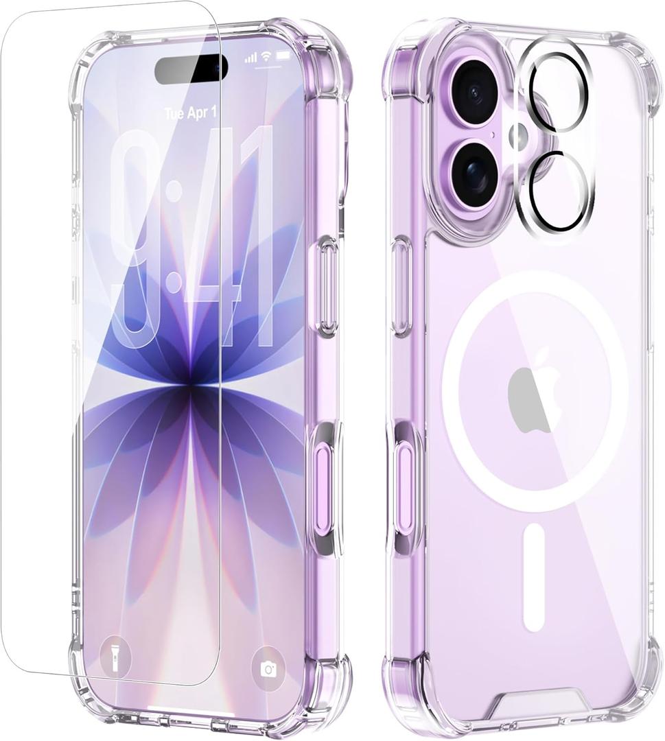 for iPhone 17 Case with Tempered Glass Screen Protector & Lens Protector, Compatible with MagSafe, Military-Grade 4-Corner Shockproof, Magnetic & Anti-Yellowing Clear Case