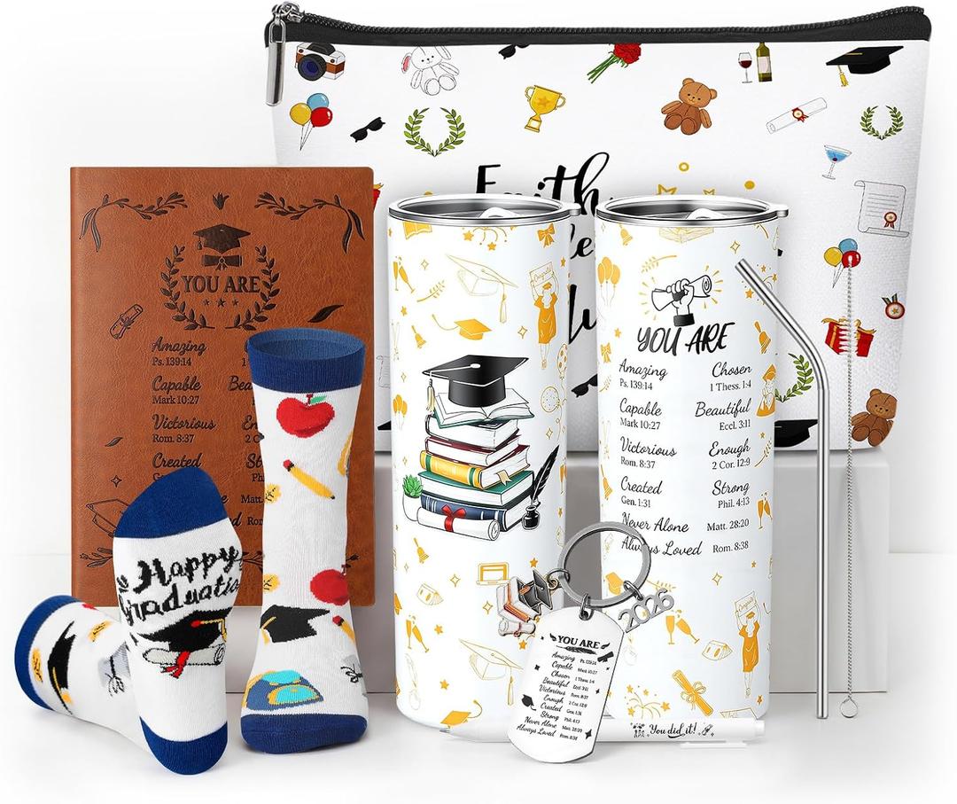 Patelai 6 Pcs 2026 Christian Graduation Gifts Set Congrats Grad Gift Basket for College High School Bible Verse Graduation Gift with Tumbler Keychain Makeup Bag Notebook Pen Sock for Graduates Her Him