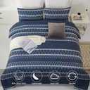 WONGS BEDDING Navy Blue Comforter Set Queen, Reversible Boho Triangle Down Alternative Comforter Set for Queen Bed - 3 Pieces (1 Comforter + 2 Pillowcases), Soft Microfiber Bedding Set 90"x 90"