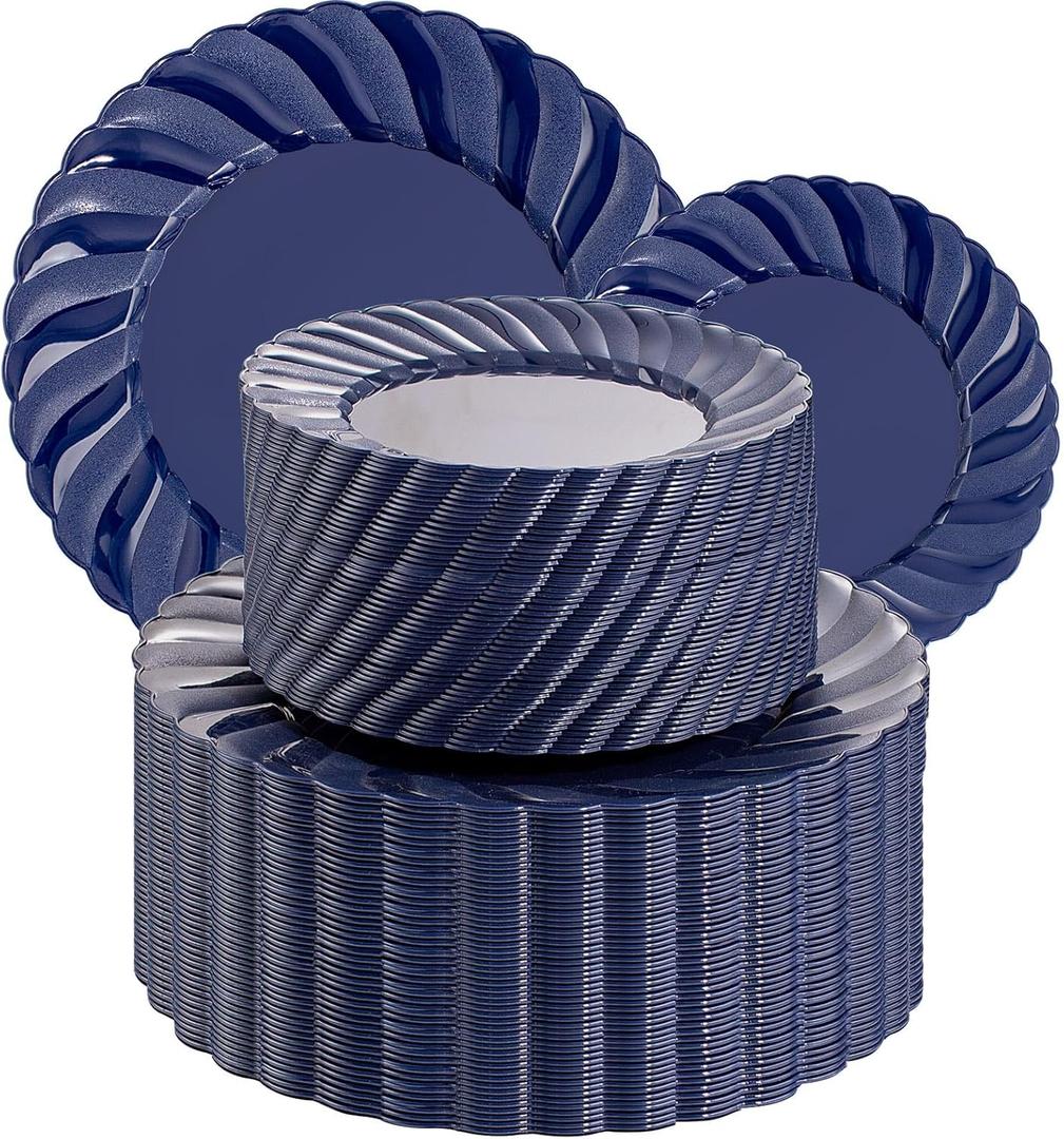 U-QE 100PCS Blue Disposable Plates - Heavy Duty Blue Plastic Plates for Party/Wedding - Include 50PCS 9inch Blue Dinner Plates and 50PCS 6.5inch Blue Dessert/Salad Plates