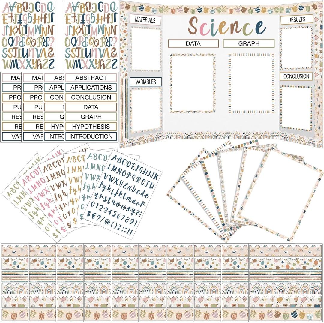 96 Pcs Science Fair Board Supplies Includes Self Adhesive Science Fair Project Titles Subtitles Presentation Bulletin Border Letter Stickers First Day of School Back Classroom (Boho Style)
