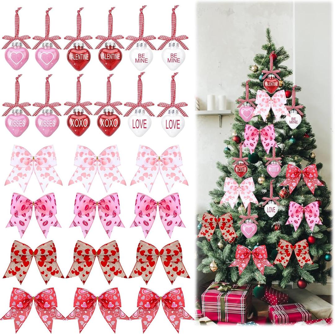 Valentines Day Tree Decorations Set, 12 Heart Glitter Words Ball Ornaments 12 Valentines Tree Bows Decorations for Home Party Front Door Wedding Holiday Decor