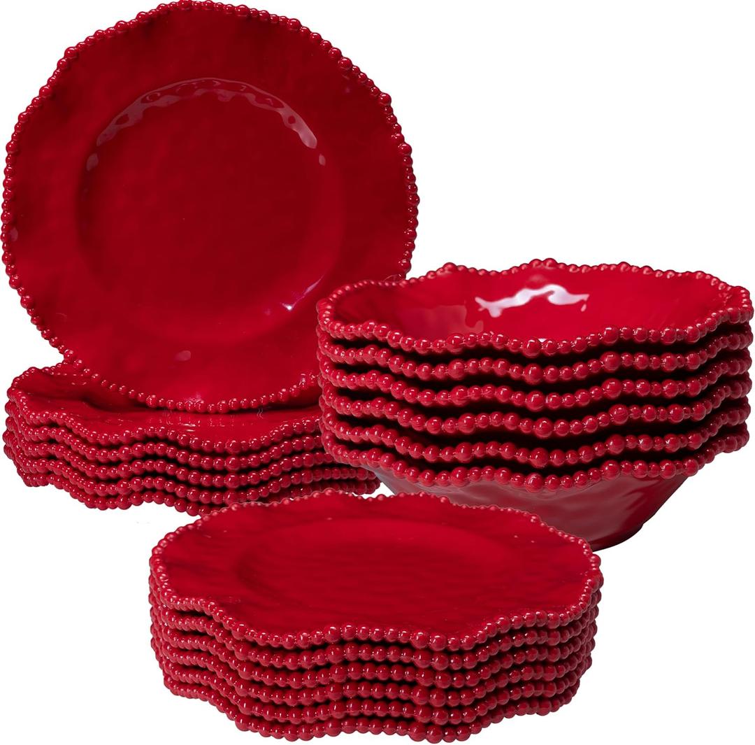 ZAROCRUS Christmas Red 18 Piece Beaded Melamine Dinnerware Sets, Service for 6, Lightweight Unbreakable, BPA Free With Scalloped rim Plates and Bowls Sets, Dishwasher Safe, Indoor and Outdoor Use