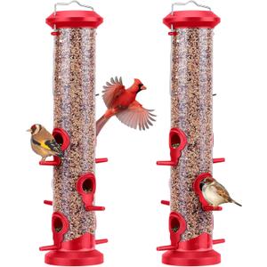 Kingsyard Pack of 2 Tube Bird Feeders for Outdoors Hanging, Premium Hard Plastic Bird Feeder with 6 Feeding Ports, Weatherproof & Steel Hanger, Attracting for Wild Birds (Red)