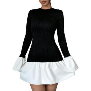 GORGLITTER Women's Long Sleeve Bubble Dress Fall Trendy Color Block Cocktail Birthday Dinner Going Out Mini Dresses (Medium, Black and White)