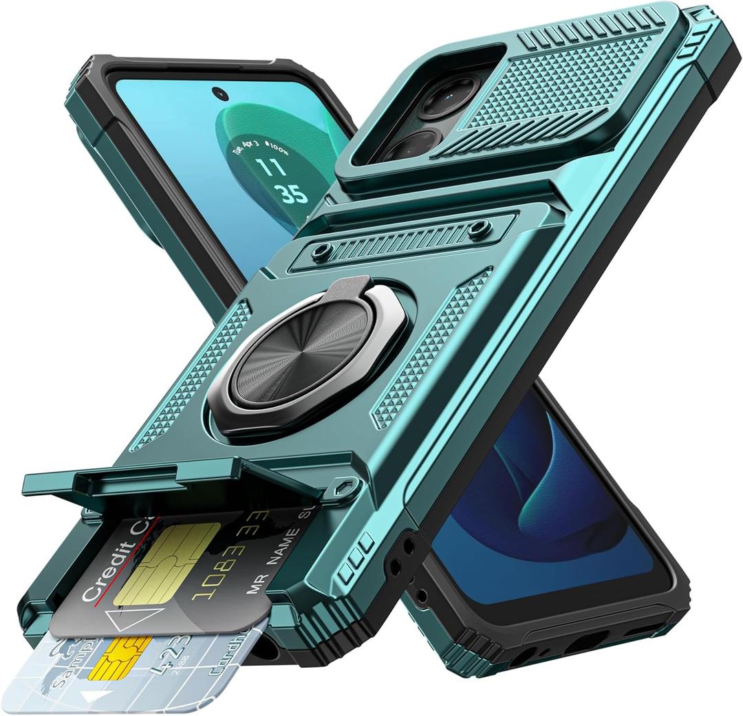 Vofolen for Motorola Moto G 5G 2024 Case with Card Holder [Store 2 Cards] + 360 Magnetic Rotated Ring Kickstand Dual Layer Heavy Duty Shockproof Wallet Phone Case for Moto G 5G 2024, Green
