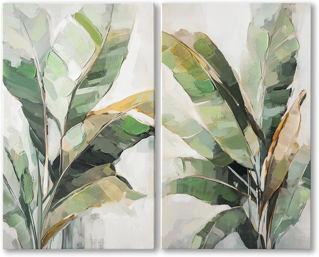 Botanical Wall Art Set Hand Painted, for Living Room plant wall art,Green Tropical Plant Leaf Wall Decor, Modern Banana Leaf Wall Painting, for Bedroom, Dining Room, Office - 12x20 Inch 2pack, 20W"12H"2Pcs