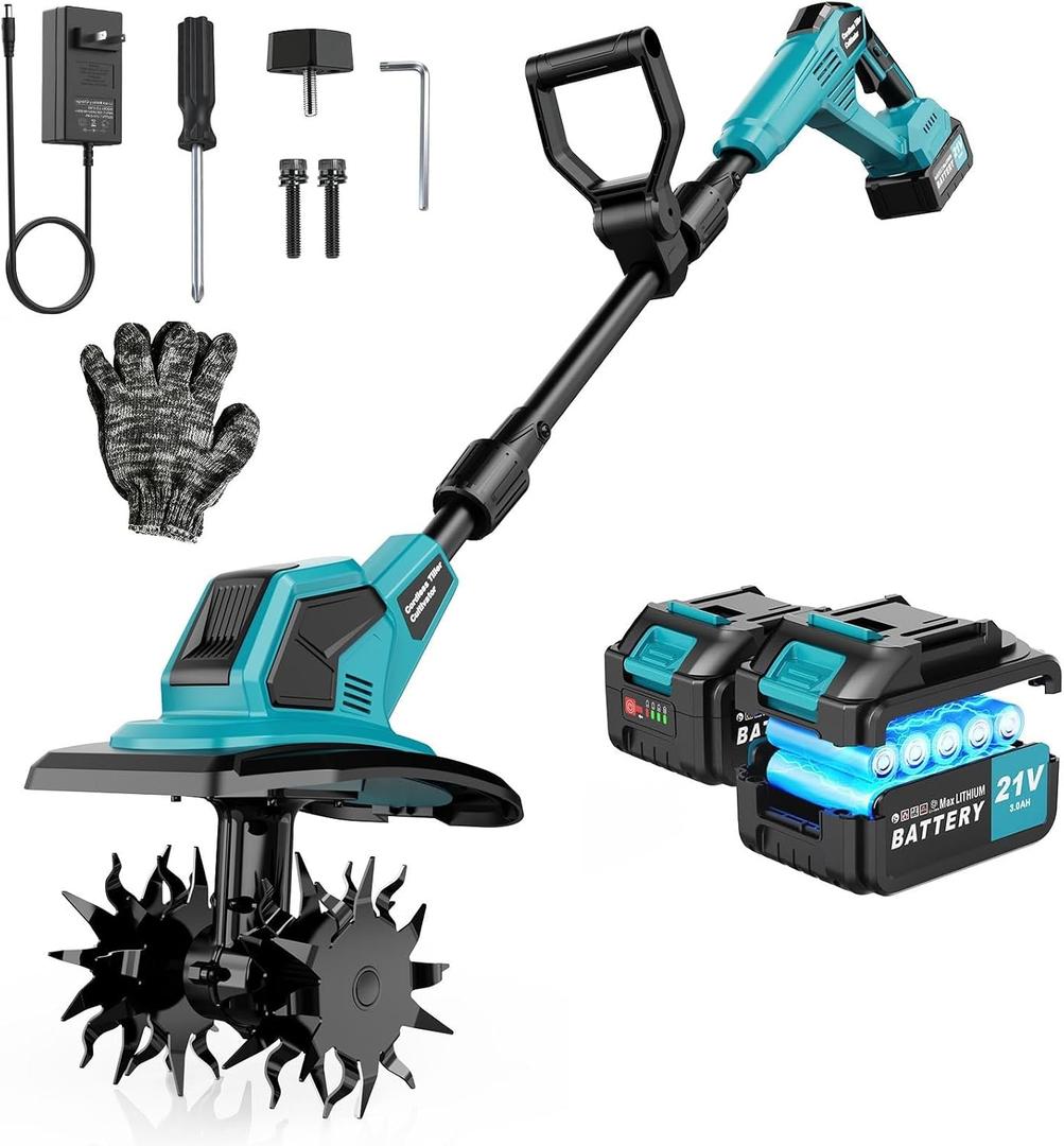 Cordless Tiller Cultivator, 360RPM Electric Garden Tiller, 2 * 3.0Ah 21V Batteries & Charger, Brushless Motor Battery Powered Garden Rototiller for Lawn/Gardening/Soil Cultivation
