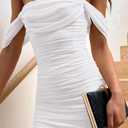 PRETTYGARDEN Cocktail Dresses 2025 Summer Off Shoulder Sexy Bodycon Ruched Mesh Graduation Wedding Guest Mini Short Dress (White, M)