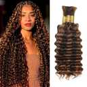 Light Brown Human Braiding Hair Brown Deep Wave Human Boho Braiding Hair 22 22 22 Inch 4/30 Deep Wave Bulk Hair Extensions 150g 3 Bundle