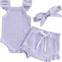 Newborn Baby Girl Summer Outfits Ribbed Sleeveless Romper Bodysuit Top and Ruffle Shorts Headband Clothes Sets (Purple)