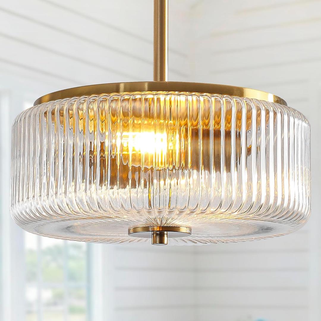 Glass Drum Gold Chandelier, Modern Pendant Light Fixtures with Clear Round Glass Shade, Drum Chandeliers for Dining Room, Kitchen Island, Foyer, Entryway, 11.41" 2-Light
