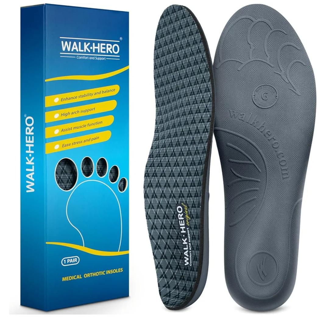 Walkhero Arch Support Inserts for Plantar Fasciitis and Flat Foot, Orthotic Insoles with Everyday Comfort and Support, Relieve Foot Pain and Fatigue (Mens 10-10 1/2 | Womens 12-12 1/2 Gray)
