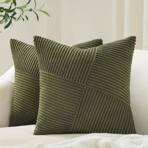 Topfinel Olive Green Decorative Throw Pillow Covers Set of 2 18x18 Inches for Couch Bed Sofa, Boho Aesthetic Home Decor, Soft Corduroy Striped Patchwork Windmill Textured Cushion Cases 45x45 cm
