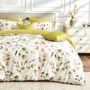 SLEEPBELLA Luxury 600 Thread Count Cotton Sateen Queen Size Duvet Cover Set, Buttery Soft & Silky Breathable Bedding, Reversible Light Green and Yellow Botanical Quilt Cover with Button Closure