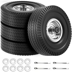4.10/3.50-4 Tire & Wheel Flat Free, 4 Pack Heavy Duty Solid PU Non-inflated Tires with Double Sealed Bearings, 5/8 in Axle Bore Hole & 2.15 in Offset Hub for Dolly/Dump Cart/Wheelbarrow