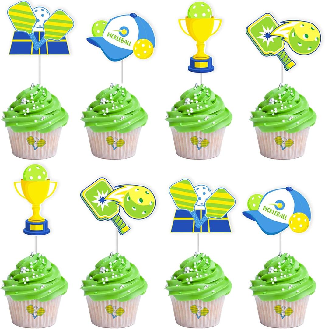 Cheereveal 24 Pieces Pickleball Cupcake Toppers, Pickleball Rackets Text Logos Cupcake Picks, Pickball Birthday or Retirement Party Decoration Supplies (Green)