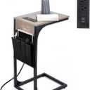 C Shaped End Table with Charging Station, Couch Side Table with Storage Pocket, Slide Under Couch Sofa Table Tray, Greige