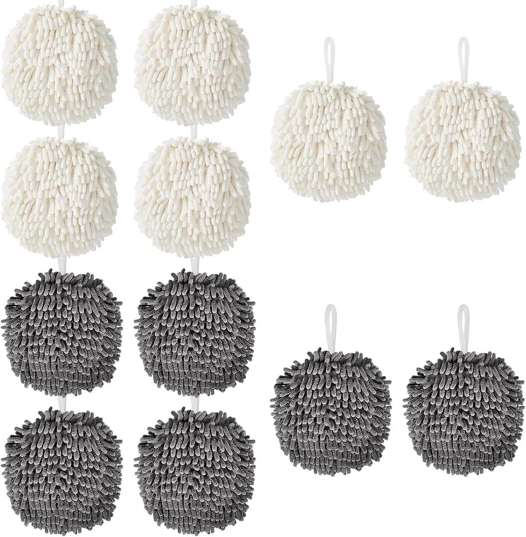 12-Pack Chenille Fuzzy Ball Hand Towels, 7.1 Inch Soft Absorbent Microfiber Towels, Quick-Dry Cleaning Cloths for Kitchen, Home, Bathroom, Hanging Towels(6 White & 6 Grey)