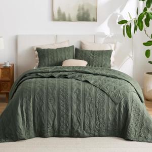 Bedsure 100% Cotton Quilt Set - King Size Bedspread, Lightweight Soft Bed Coverlet, PureWoven, 3-Piece Cozy Stitching Quilt Set with 2 Pillow Shams in Geometric Pattern, 106x96 inches, Olive Green