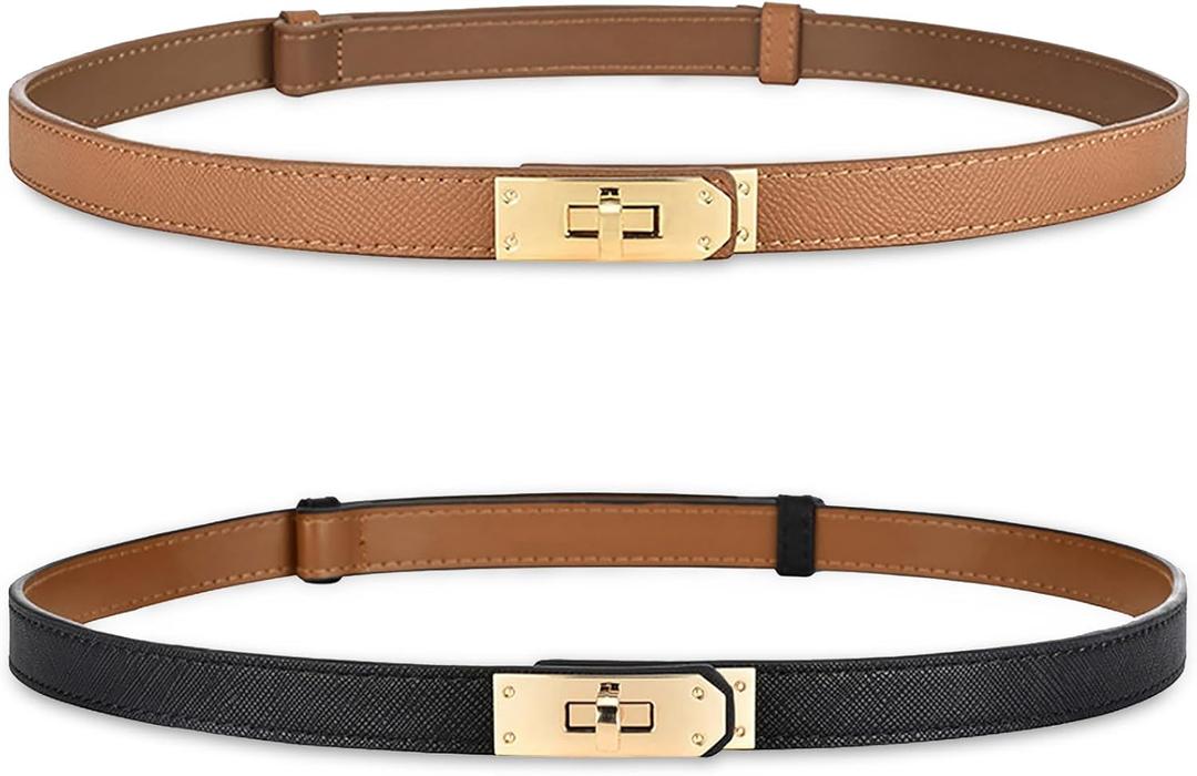 Women's Skinny Leather Belt with Adjustable Silver Turn-Lock Buckle - Ideal for Dresses, Jeans, and Coats, Black