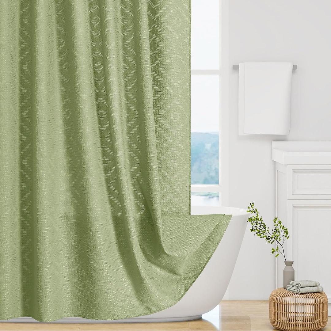 3D Embossed Pattern Shower Curtain, Jacquard Rhomboid Pattern Vintage Bathroom Curtain, Waterproof Fabric Shower Curtains with Hooks,72 x 72, Sage