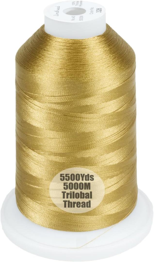Simthread Trilobal Polyester Thread – 5000M (5500yds) No.40 – Super Sheen, Tangle-Free – Built-in Thread Lock Spool – Compatible with Brother, Singer, Janome & More, Brass-328
