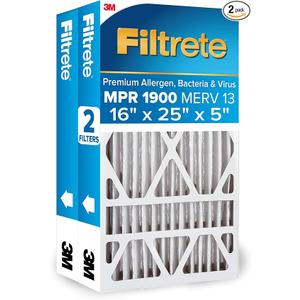 Filtrete 16x25x5 AC Furnace Air Filter, MERV 13, MPR 1900, Premium Allergen, Bacteria & Virus Filter, Electrostatic Air Cleaning Filter, 2-Pack (Actual Size 15.75 x 24.13 x 4.88 in)