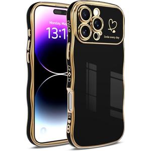 for iPhone 15 Case for Women & Girls - Cute Wave Design with Curly Shape, Heart Pattern, Raised Camera Protection, Luxury Plating, Shockproof（iPhone 15, Black) , Set Of 3