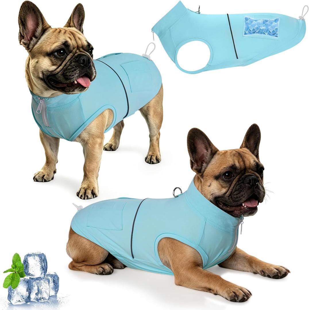 Dog Cooling Vest Shirt with 8pcs Ice Pack Summer Sun Protection Cooling Vest for Dogs Soft Breathable Ice Pet Clothing with D-Ring & Zipper, Sky Blue, Large (20-40lbs)