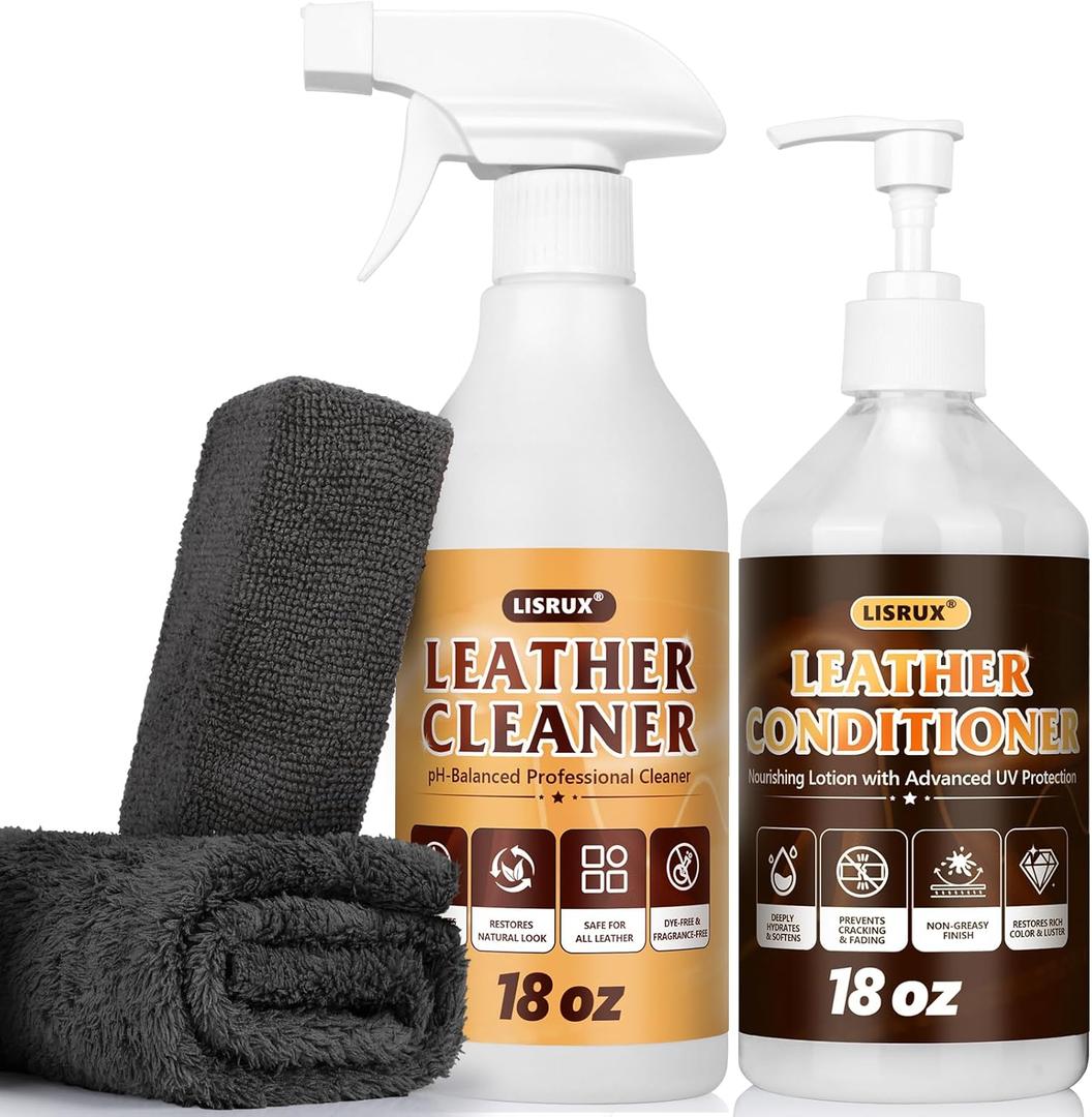 LISRUX Leather Cleaner and Conditioner Kit-2×18oz, Leather Cleaner for Car Seats, Furniture, Couches, Shoes & Boots, pH-Balanced, Restores & Protects All Leather For Natural, Synthetic, Faux, Pleather