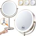 15X Lighted Makeup Mirror: 9 inch Magnifying Mirror with Lights, Make Up Mirrors Stand Up Double Sided, Rechargeable 3 Color Dimmable, Brushed Nickel