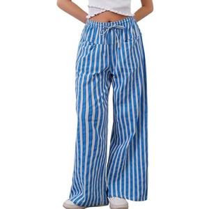Kissonic Women Striped Pants Casual Drawstring Wide Leg Trousers Loose Lounge Pajama Pants with Pockets, Large