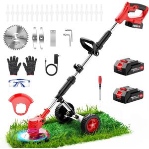 Electric Weed Wacker Cordless with Wheels,21V 22000mAh Weed Eater Battery Powered, 6-inch Cordless String Trimmer with 3 Types of Blades, Electric Grass Trimmer,Lawn Edger, Mower for Yard,Garden