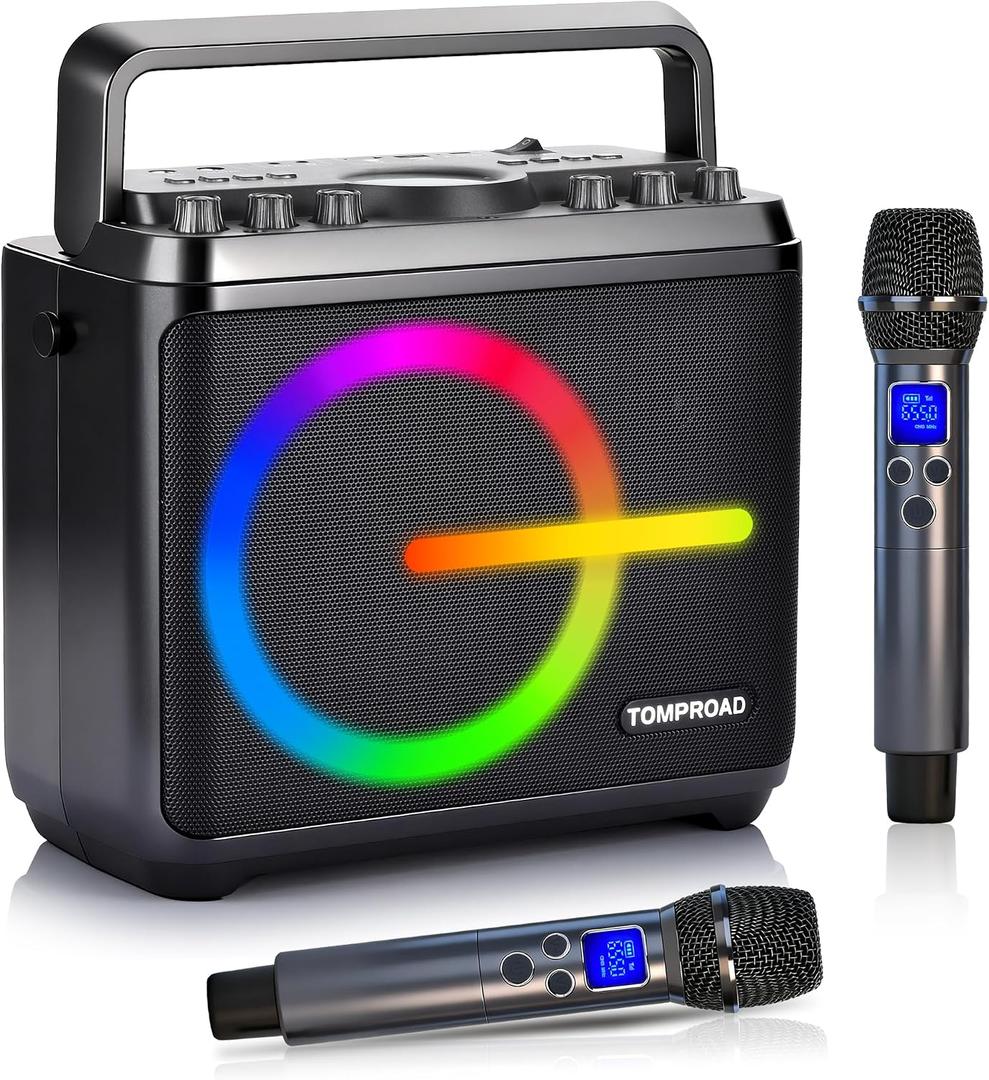 Karaoke Machine, Bluetooth Speaker with 2 Wireless Microphones, Portable Voice Amplifier PA System for Adults Kids with LED Lights Support Bass/Treble Adjustment, TF Card/USB, REC for Home Party