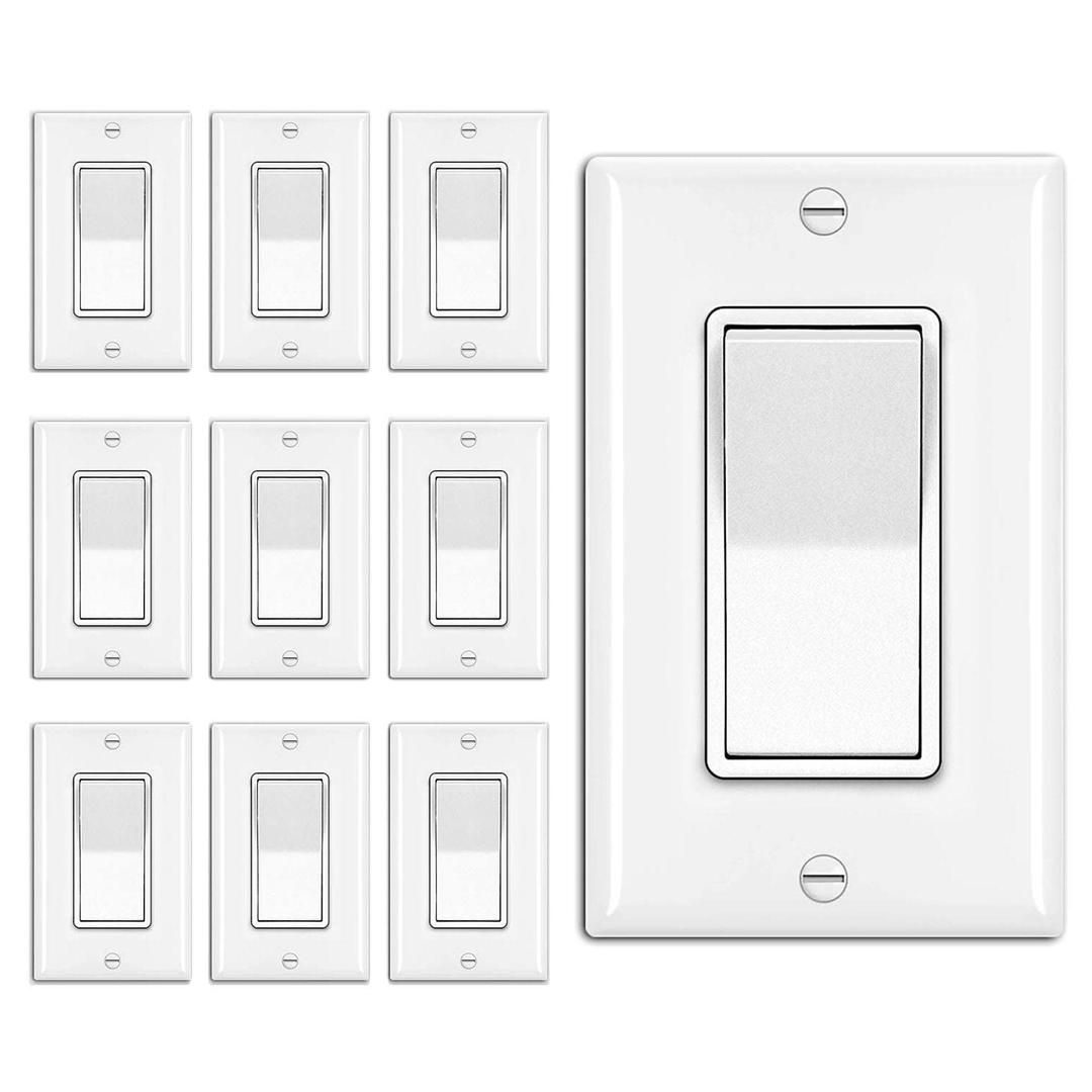 BESTTEN 10 Pack 3-Way Decorator Wall Light Switch with Wallplate, 15A 120V/277V, Single Pole or Three Way, On/Off Paddle Rocker Interrupter, UL Listed, White