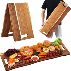 Large Acacia Charcuterie Board with Handles 33 x 12 Inch Extra Large Wood Foldable Serving Tray Wood Rectangular Appetizers Cheese Food Meat Board for New Home Party Housewarming Gifts (33" x 12" x 12")