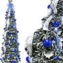 4FT Pop up Christmas Tree for Indoor Decoration Pre-lit Mini Christmas Tree with 60 Lights, Green Artificial Pencil Tree Collapsible Tinsel Pop up Snowy with Blue Bow Christmas Ball