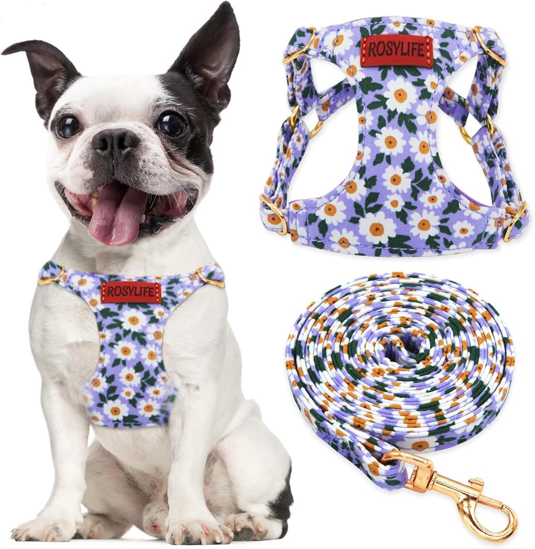 No Pull Dog Harness Adjustable Small Dog Harness and Leash Set, Lightweight and Soft Dog Harness No Choke Escape Proof Pet Harness Vest (Purple Daisy, S)