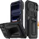 for iPhone 17 Pro Max Case with Semi-Automatic Card Slot (3-4 Cards) RFID Blocking & Kickstand & Camera Lens Cover & Wallet, Heavy Duty Rugged Phone Case (Black, for iPhone 17 Pro Max, 6.9")