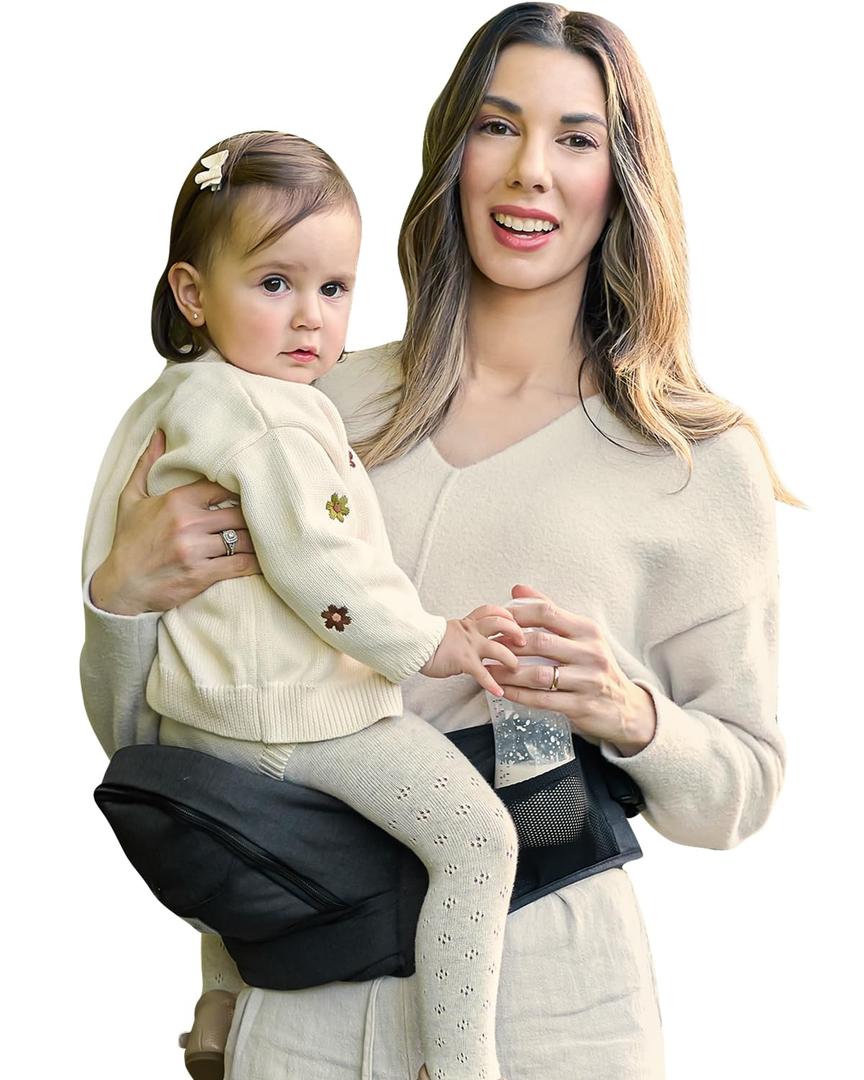 Grownsy Ultra-Comfy Baby Carrier with Hip Seat, Enhanced Safety, Hands-Free Support for Newborn to Toddler (0-50 lbs), Multiple Pockets, Ergonomic, Adjustable Waistband, Minimalist Design Black