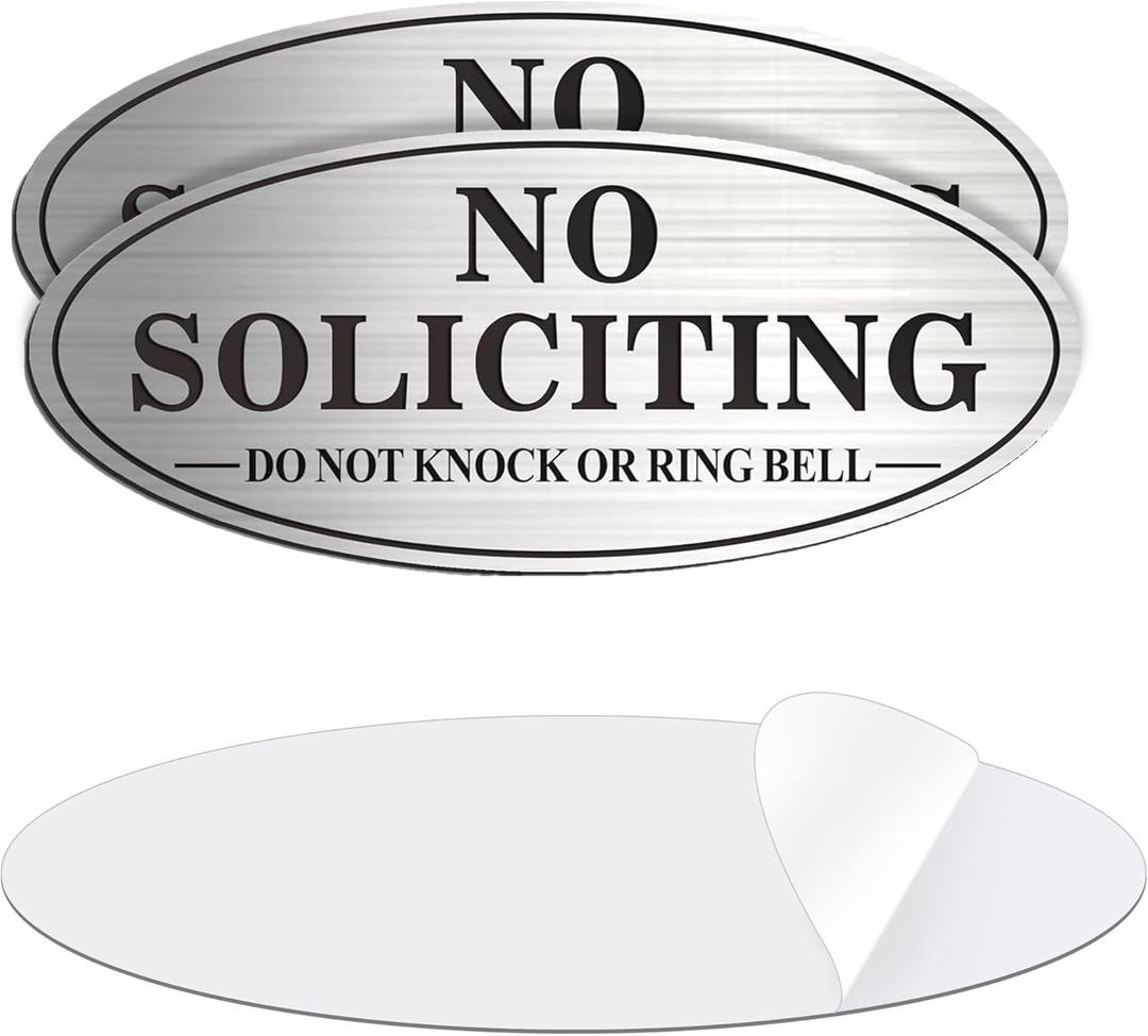 No Soliciting Sign, 2 Pack Self-Adhesive Aluminum Metal No Solitation Do Not Knock or Ring Bell Sign, 7.0 x 3.0 inches Fade Resistang Signs for Office and Home (Brushed Nickel/Black)