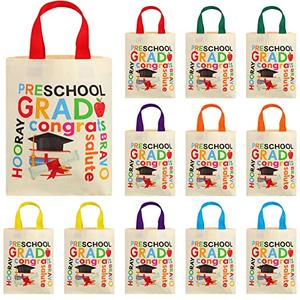 Silkfly 12 Pack Mini Preschool Graduation Tote Bags for Kids 2026 Preschool Graduation Gift Bags Bulk Small Canvas Party Favor Decorations with Colorful Handles 7.87 × 7.87 Inch for Boys Girls