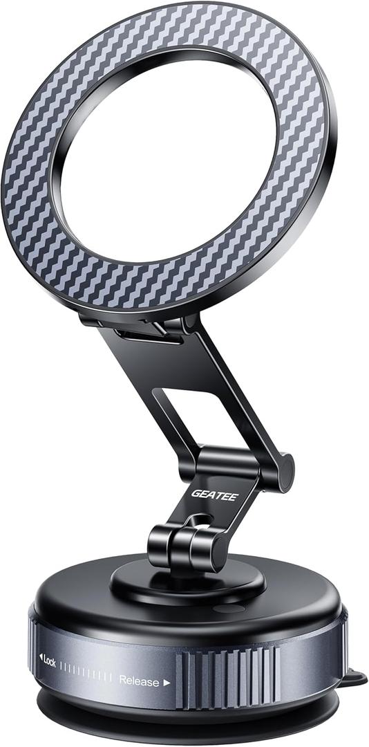 Compatible MagSafe Car Mount - GEATEE Vacuum Magnetic Phone Holder for Car, 360 Adjustable Foldable Car Dash Mount, Reinforced 110+LBS Suction Phone Mount for iPhone 17/16/15/14/13/12&Android, Carbon