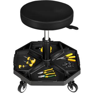 YELLOW JACKET Rolling Garage Seat with Wheels Adjustable Height Pneumatic Mechanic Stool 300Lbs Heavy Duty Shop Creeper Seat with 4 Removable Storage Tool Tray Workshop Chair for Auto Repair (Black)